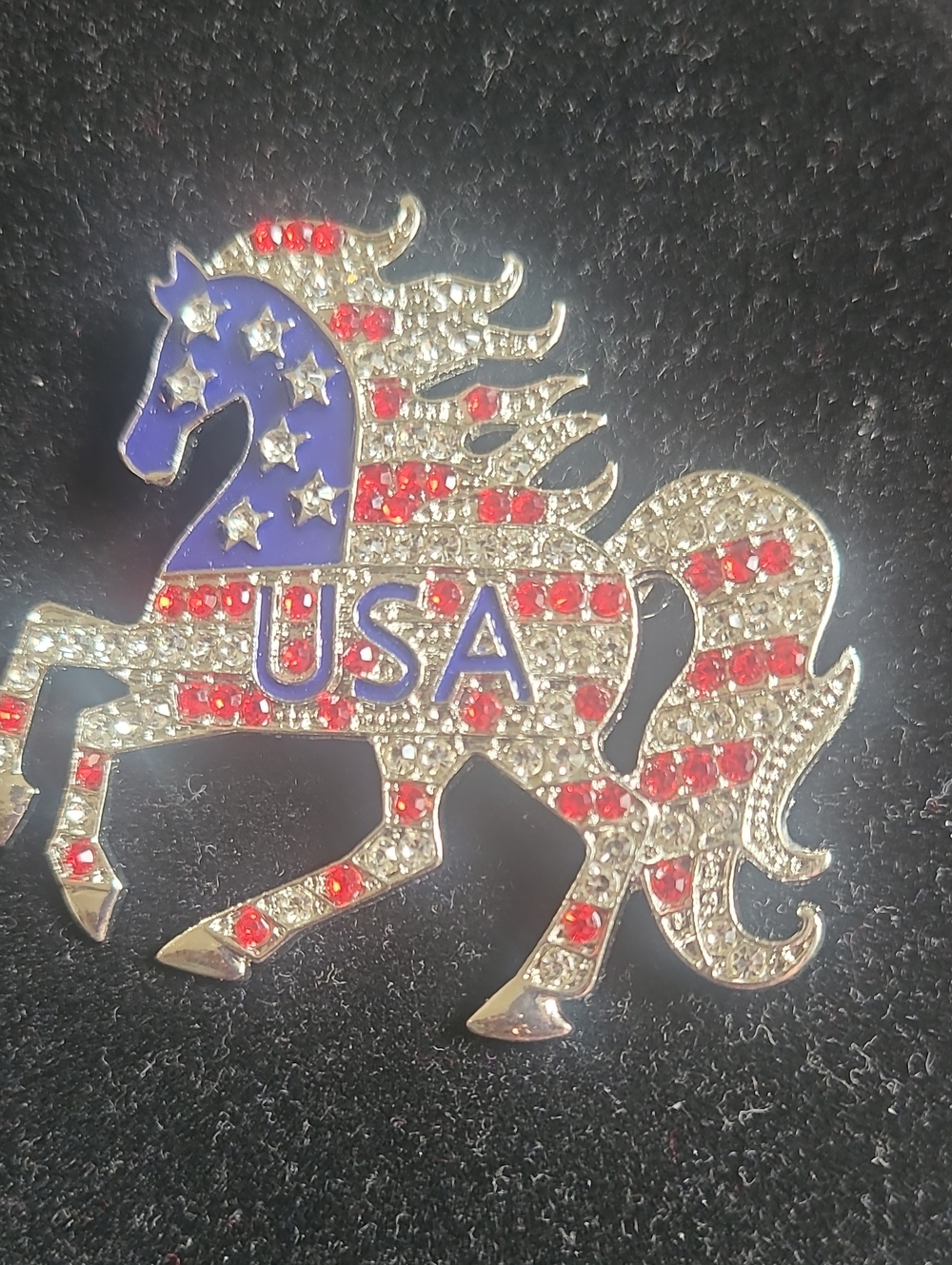 USA Rhinestone Patriotic Horse Brooch - Red, White & Blue